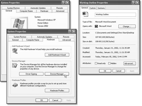 The Properties dialog boxes are different for every kind of icon. In the months and years to come, you may find many occasions when adjusting the behavior of some icon has big benefits in simplicity and productivity. Left: Two tabs of the System Properties dialog box (which appears when you check the proper-ties of your My Computer icon). Right: The Properties dialog box for a Word document.