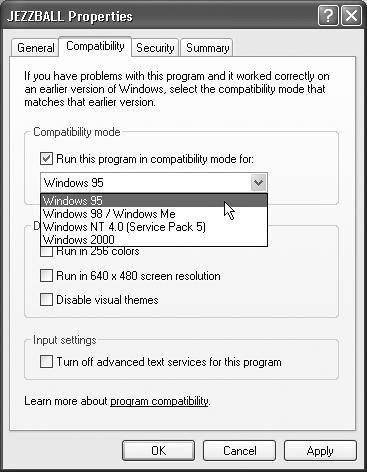 By turning on “Run this program in compatibility mode for” and choosing the name of a previous version of Windows from the drop-down list, you can fool that program into thinking that it’s running on Windows 95, Windows Me, Windows NT, or whatever. While you’re at it, you can also specify that this program switch your screen to certain settings required by older games—256 colors, 640 × 480 pixel resolution, and so on—or without the new Windows XP look (turn on “Disable visual themes”).