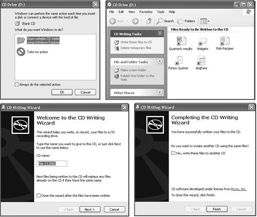 Top left: When you insert a blank CD, this window appears, offering to open the CD “staging grounds” window that will hold shortcuts for the files you want to copy. Top right: The little down-arrows mean, “This icon hasn’t been burned yet.” Lower left: The first screen of the CD Writing Wizard is your only chance to name the CD (even if it’s a CD-RW disc). Lower right: The final screen offers the chance to make a second copy of the same CD.