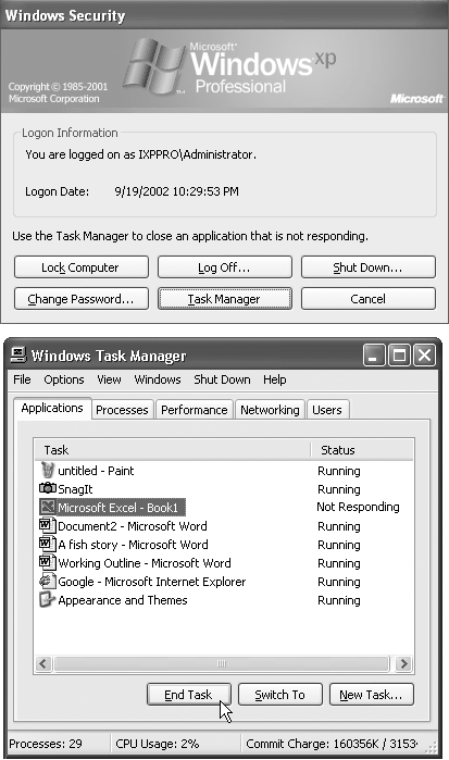Top: Click the Task Manager button on the Windows Security dialog box to check on the status of a troublesome program. Bottom: As if you didn’t know, one of these programs is “not responding.” Highlight its name and then click End Task to slap it out of its misery. Once the program disappears from the list, close the Task Manager and get on with your life. You can even restart the same program right away—no harm done.