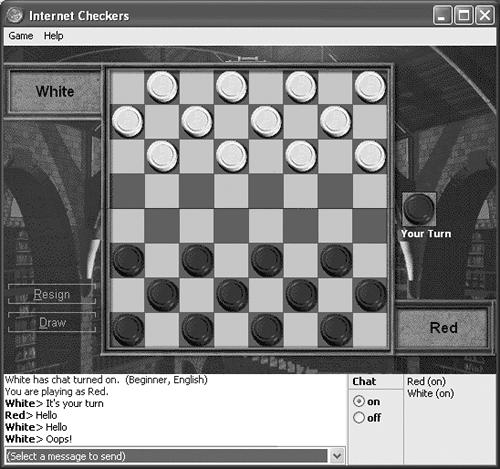 It may look like a simple game of checkers, but you’re actually witnessing a spectacular feature of Windows XP: instantaneous anonymous Internet gaming. Two Internet visitors in search of recreation have made contact, a game board has appeared, and the game is under way. The Chat window sits below the game board. You can even turn Chat off if you’re planning to play a cutthroat game and don’t want to fake having friendly feelings toward your opponent.