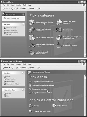 Top: This new design is Microsoft’s attempt to make the Control Panel look less overwhelming to first-timers. This arrangement groups the existing control panels into functional categories. When you click one of these headings, you’re taken to another new screen. Bottom: The next screen lists the corresponding control-panel icons at the bottom—but, perhaps more useful to the novice, it also lists the useful tasks that those control panels handle.