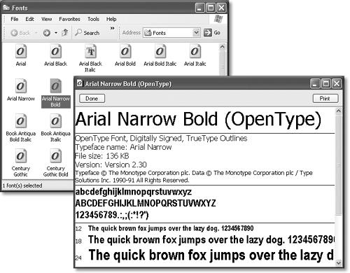 All of your fonts sit in the Fonts folder (top); you’ll frequently find an independent font file for each style of a font: bold, italic, bold italic, and so on. You can tell a TrueType font by its TT icon, or an OpenType font by its O icon. Those marked by an A may be PostScript fonts, which come with a phalanx of the printer font files that they require; others may look fine on the screen, but may not print out smoothly. Double-click a font’s icon to see what the font looks like (bottom).