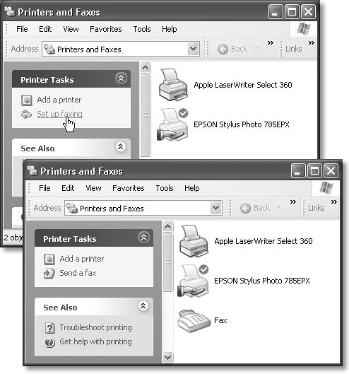 Top: In the Printers and Faxes window, click the “Set up faxing” link on the task pane at the left side of the window. Insert the Windows XP Professional CD when the wizard asks you to do so. Bottom: The Fax icon is added to the Printers and Faxes window, ready to use.