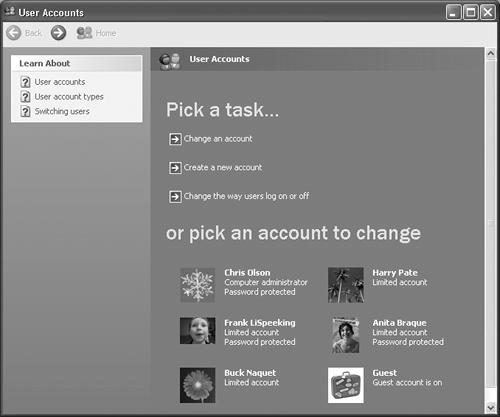 This screen lists everyone for whom you’ve created an account. From here, you can create new accounts or change people’s passwords. (Hint: To change account settings, just click the person’s name on the bottom half of the screen. Clicking the “Change an account” link at top requires an extra, redundant click.)