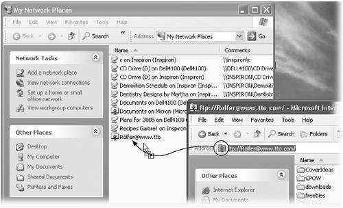 If you’ve already connected to some network server—whether on your network or on the Internet—here’s a very quick way to create a shortcut of it on your desktop for faster access next time. Just drag the tiny folder icon out of the Address bar. (You can put it on your desktop or, if it feels more consistent to do so, into your My Network Places folder.)