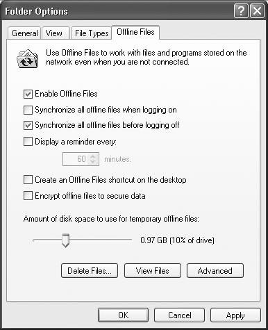 You must turn on Enable Offline Files to activate this feature. This is also your opportunity to specify when the synchronizing takes place, so that the process is automated and the files are kept up-to-date on both your hard drive and the network.