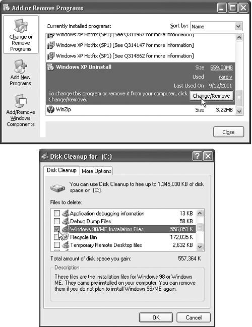 Whenever you perform an upgrade installation from Windows 98, Windows 98 SE, or Windows Me, you actually retain both the old and the new versions of Windows. If, as the months go by, you decide that you’d like to reclaim the disk space being used by the dormant operating system, you can delete it. You can delete Windows XP (top), restoring your older version, or you can delete the older version (bottom), committing to Windows XP forever.