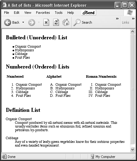 HTML has several predefined list formats, including bulleted lists and definition lists, which let you organize information into orderly units. Once you’ve told Dreamweaver that you intend to create a bulleted or numbered list, it adds the bullets or the numbering for you automatically.