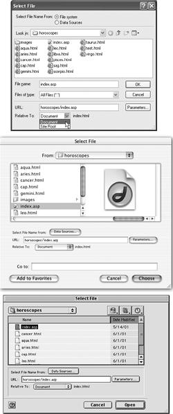 The Select File dialog box looks slightly different in Windows (top), Mac OS X (middle), and Mac OS 9 (bottom), but all of them let you browse your computer’s file system to select the file you wish to link to. From the Relative To pop-up menu, you can choose what type of link to create: Document or Site Root relative. Since root-relative links don’t work when you preview your pages on your computer, choosing Document from the pop-up menu is almost always your best bet. Whichever you choose, Dreamweaver remembers your selection and uses it the next time you create a link. Keep this quirk in mind if you suddenly find that your links are not working when you preview your pages. Odds are you accidentally selected Site Root at some point, and Dreamweaver continued writing site root-relative links.