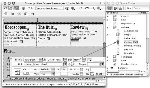In this figure, the text “more —>” is selected in the document window to the left. To link to another page, drag from the Point-to-File icon in the Property inspector to a Web page in the Site window shown at right. In this example, Dreamweaver creates a link to the Web page called mowers.html. Another method would be to press Shift and drag from the text “more —>” to the page mowers.html in the Site window.