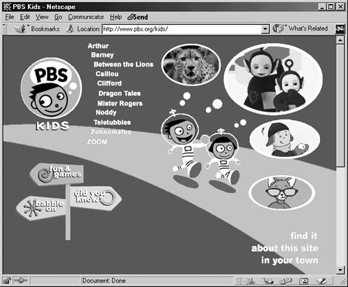 Some Web sites rely almost exclusively on graphics for both looks and function. The home page for the PBS Kids Web site, for instance, uses graphics not just for pictures of their shows’ characters, but also for the page’s background and navigation buttons.