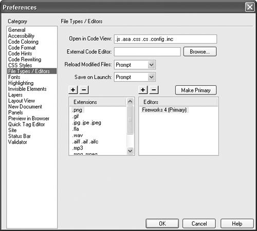 You can select external editors for various types of Web files—including graphics formats such as GIFs, JPEGs, and PNGs—from the File Types/Editors category of the Preferences dialog box.