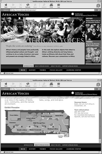 Frames let you keep one element in place—the banner and navigation bars shown here, for example () while other contents of the Web page change. This way, the banner and the navigation bar remain visible in one frame, even as your reader scrolls to read a long page full of text or even reloads the page in another.