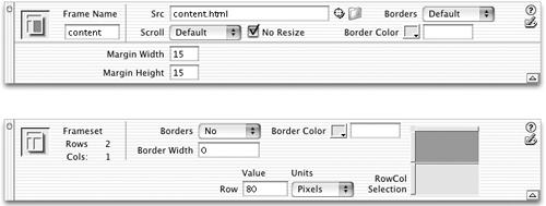 Even though framesets and frames are treated as separate objects, all of the frames’ properties (size, border, etc.) are stored in the frameset file—not its page.