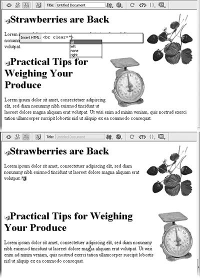 Top: When you align an image with the right side of a page, surrounding material wraps around it—in this case, everything else (second headline, second blurb, second graphic). Bottom: It’s the Quick Tag Editor to the rescue. Now you can quickly insert the <br clear="all"> tag to the end of first blurb. This combination of tag and property means, “Turn off wrapping at this point.”