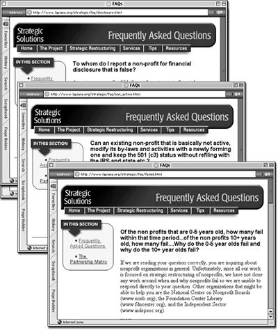 These three Web pages are part of a section of a Web site dedicated to answering frequently asked questions. The pages each provide the answer to a different question, but are otherwise identical, sharing the same banner, navigation buttons, sidebar, and footer. This is a common scenario for most Web sites that include news stories, employee profiles, product pages, or press releases. In fact, it’s so common that Dreamweaver has a special feature—Templates—to help you build such pages.