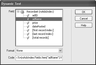 After you select a database field to add to a page, Dreamweaver displays the code that it will add to the page in the Code field. This is the programming code used to make the data appear on the page. It’s written in the programming language specified by the current server model.