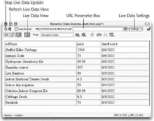 This is the Live Data view of the dynamic table pictured in Figure 22-9. Now you can update the data on the page by clicking the Refresh button. Turn on Auto Refresh if you want Dreamweaver to update this view automatically whenever you make a change to a dynamic element of the page (but avoid it if your connection to the testing server is slow). If refreshing the data takes too long (or Dreamweaver seems to freeze), click the Stop Live Data Update button to halt the current update.