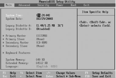 The Main page of the PhoenixBIOS Setup Utility