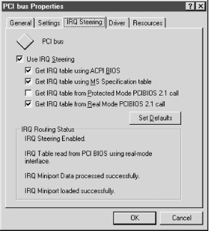 The IRQ Steering page of the PCI bus Properties dialog allows you to enable or disable Windows 98 IRQ Steering, configure it, and view its current status