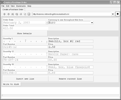 An XML purchase order being created with XForms