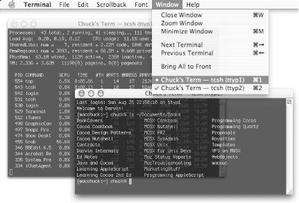 The Terminal’s Window menu offers keyboard shortcuts to open windows