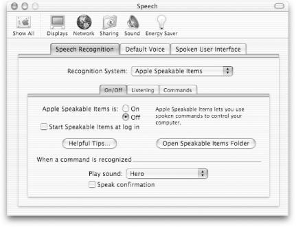 The Speech preference panel, showing the Speech Recognition pane