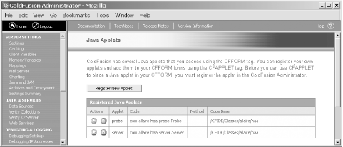 The applets section of the ColdFusion Administrator