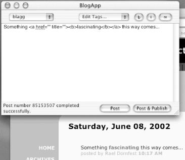BlogApp and resulting Blogger weblog entry (browser window in the background)