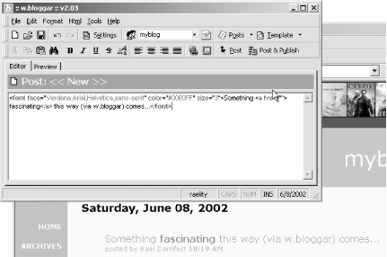 w.bloggar showing off its HTML editor with the resulting nicely formatted weblog entry in the background