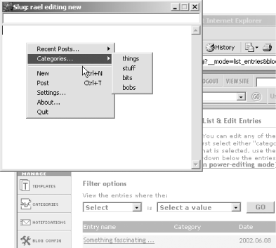 Slug’s support for Movable Type categories; the resulting entry appears underneath in Movable Type’s usual browser-based interface