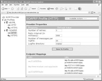 The JAXM provider administration screen with two new URI mappings configured