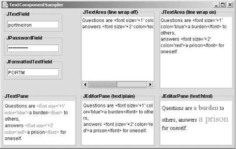 A sample of Swing text components