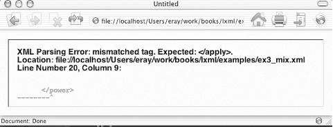 Browser showing XML syntax error