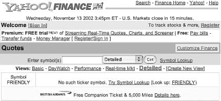 Yahoo! Finance stock lookup page
