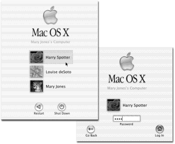 Left: On Macs configured to accommodate different people at different times, this is one of the first things you see upon turning on the computer. Click your name. (If the list is long, you may have to scroll to find your name—or just type the first couple of letters of it.) Right: At this point, you’re asked to type in your password. Type it and then click Log In (or press Return or Enter; pressing these keys always “clicks” the blue, pulsing button in a dialog box). If you’ve typed the wrong password, the entire dialog box vibrates, in effect shaking its little dialog-box head, suggesting that you guess again. (See Chapter 11.)