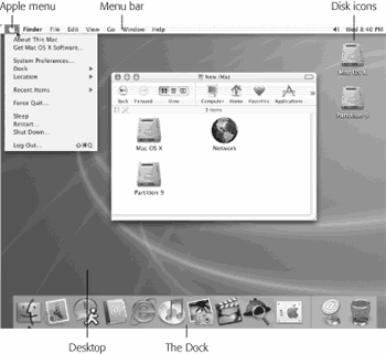 The Mac OS X landscape looks like a futuristic version of Windows or the Mac OS. This is just a starting point, however. You can dress it up with a different background picture, adjust your windows in a million ways, and of course fill the Dock with only the programs, disks, folders, and files you care about.