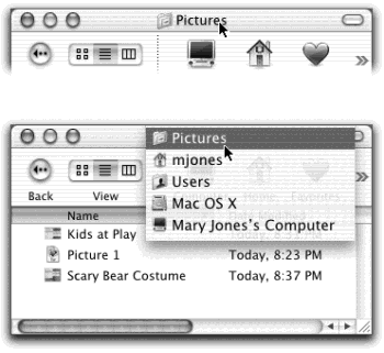 Press and click a window’s title bar (top) to summon the hidden folder hierarchy menu (bottom). The Finder isn’t the only program that offers this trick, by the way. It also works in most other Mac OS X-compatible programs, and even many Mac OS 9 programs.