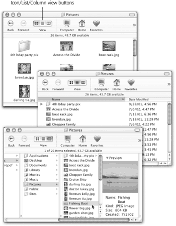 From top: The same window in icon view, list view, and column view. Very full folders are best navigated in list or column views, but you may prefer to view emptier folders in icon view, because larger icons are easier to click. Note to Mac OS 9 fans: Button view no longer exists in Mac OS X—or, rather, has turned into the Dock.