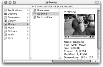 If the rightmost folder contains pictures, sounds, or movies, Mac OS X even lets you look at them or play them, right there in the Finder. If it’s a certain kind of text document (AppleWorks or PDF, for example), you actually see a tiny image of the first page. If it’s any other kind of document, you see a blowup of its icon and a few file statistics. You can drag this jumbo icon anywhere—into another folder, for example.