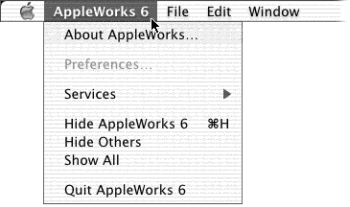 The first menu in every program lets you know, at a glance, which program you’re actually in. One of the biggest changes veteran Mac users have to make in adopting Mac OS X is getting used to the fact that this new menu contains commands that, in Mac OS 9, were scattered among the File, , and right-side Application menus.