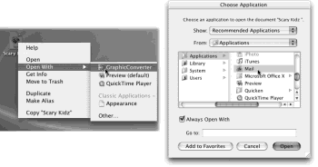 Left: The contextual menu offers a list of programs capable of opening an icon.. Right: If you choose Other, you’ll be prompted to choose a different program. Turn on “Always Open With” if you’ll always want this document to open in the new parent program; otherwise, this is a one-time reassignment.