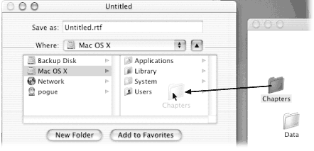 The quickest way to specify a folder location when you’re saving a file is to drag a folder or disk directly into the Save sheet. You’ll see by the Where pop-up menu that Mac OS X has indeed understood your intention.