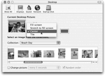 Using the Collections pop-up menu, you can preview an entire folder of your own images before installing one specific image as your new desktop picture. Just use the Choose Folder command from the Collection pop-up menu to select a folder in order to view thumbnails of all the images it contains. (That’s what was shown in this example.) Clicking one of the thumbnails installs the corresponding picture on the desktop.