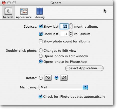 You can set iPhoto so that double-clicking an image opens it in Elements, as shown here. Go to iPhoto â Preferences â General, choose "Double-click photo: opens photo in," click Select Application, and choose Photoshop Elements. Note that the dialog box only displays the first word "Photoshop." If you have both Photoshop and Elements on your Mac you'll either need to remember which program you chose, or just double-click a photo to find out