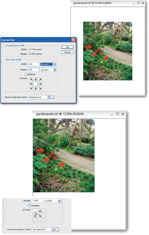 The Add Canvas dialog box isn't as complicated as it looks. The strange little Anchor grid with arrows pointing everywhere lets you decide exactly where to add new canvas to your image. The white box represents your photo's current position. By clicking in any of the surrounding boxes, you tell Elements where to position your photo on the newly sized canvas. In the top pair of images, the new canvas has been added equally around all sides of the existing image. In the bottom pair, the new canvas has been added below and to the right of the existing image.