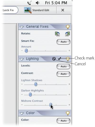 When you move a slider in any of the Quick Fix palettes, the cancel and checkmark buttons appear in the palette you're using. Clicking the cancel symbol undoes the last change you made, while clicking the checkmark applies the change to your image.If you make multiple slider adjustments, the cancel symbol undoes everything you've done since you clicked the checkmark. So, for example, if you lightened shadows and adjusted the midtone contrast, clicking cancel removes both changes. But if you adjusted the shadows, then clicked the checkmark, and then made the contrast adjustment, canceling the contrast adjustment would cancel just that without affecting the shadows' change.
