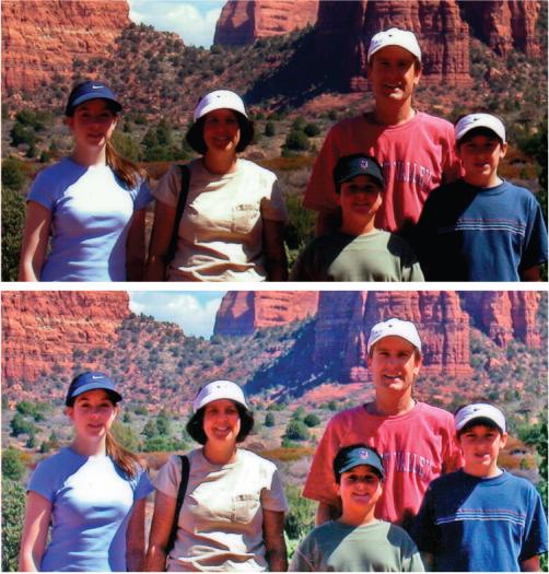 The top photo shows a classic vacation picture problem: the day is bright, the scenery's beautiful, but everyone's faces are hidden in the dark shadows cast by their hats.In the bottom photo, the Shadow and Highlight tools brought back everyone's faces, but now they look a bit jaundiced. Use the color sliders to make them look healthy again.