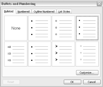 When you click the Bullets button on the Formatting toolbar, it will apply the formatting selected here